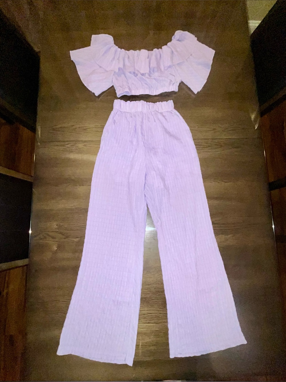 Lavender Off-Shoulder Ruffle Top with Wide-Leg Pants Set Women's Size 4 Small - Picture 3 of 11